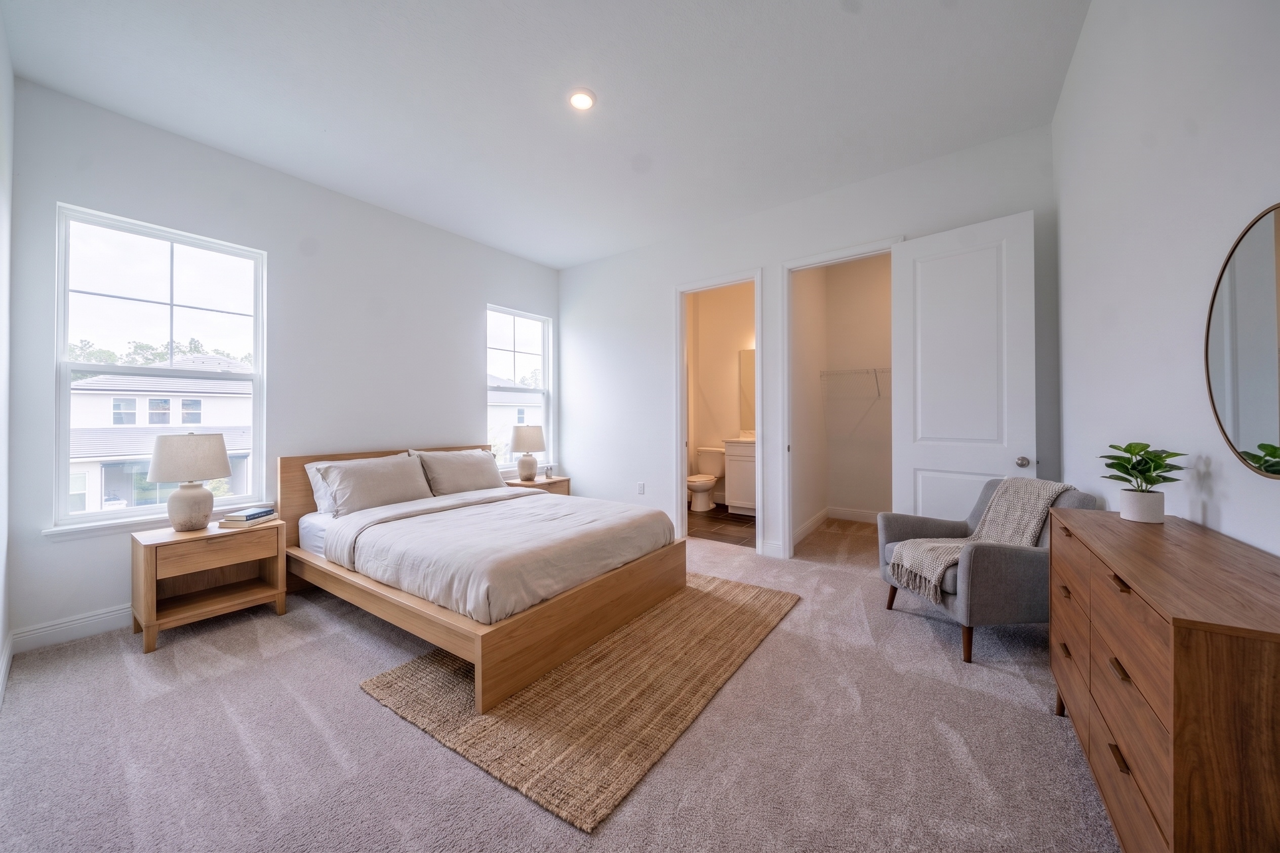 Virtually staged bedroom with wood platform bed, walnut dresser, round mirror and accent chair