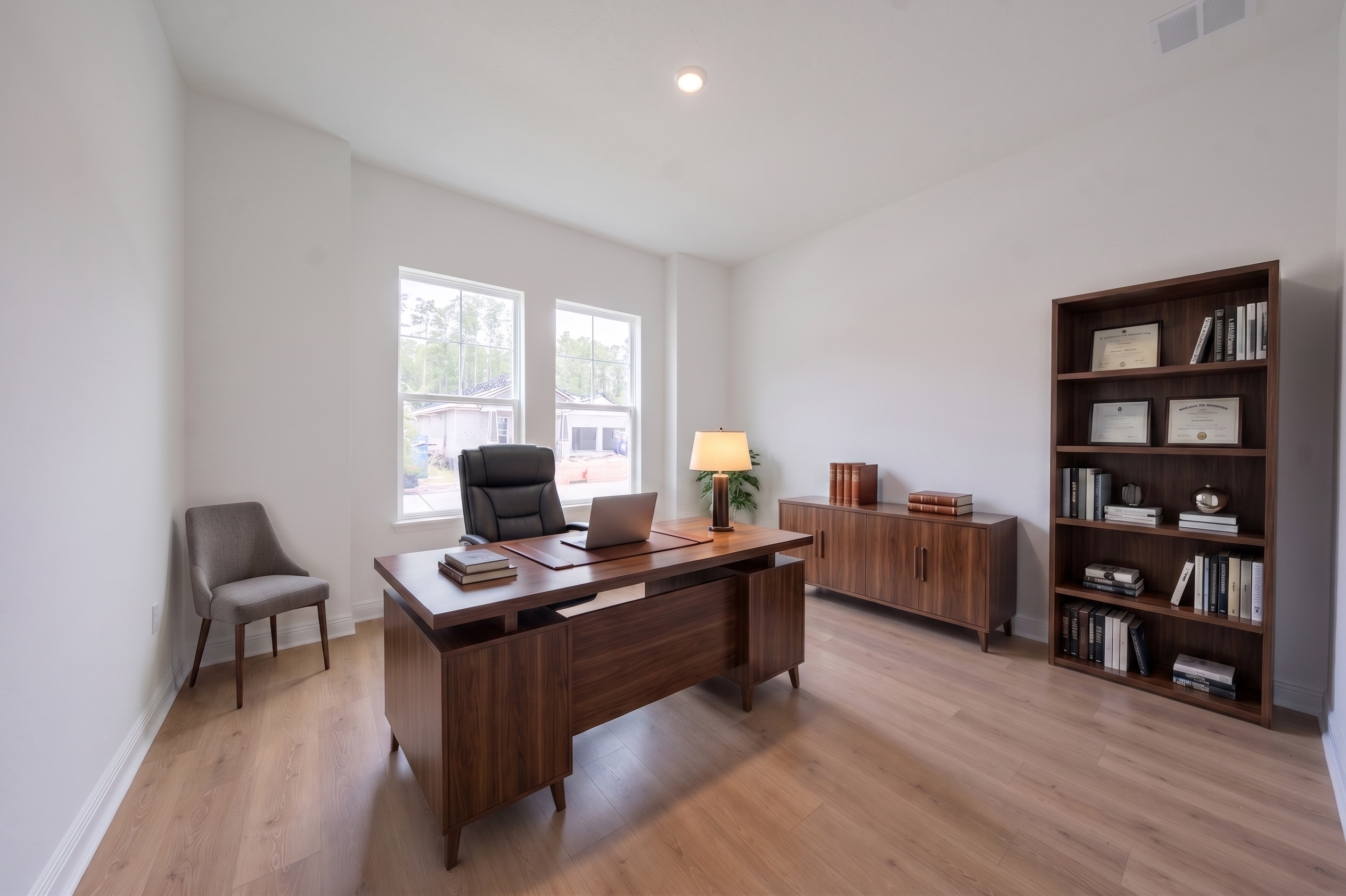 Virtually staged flex room as home office with walnut desk, leather chair, bookcase and credenza