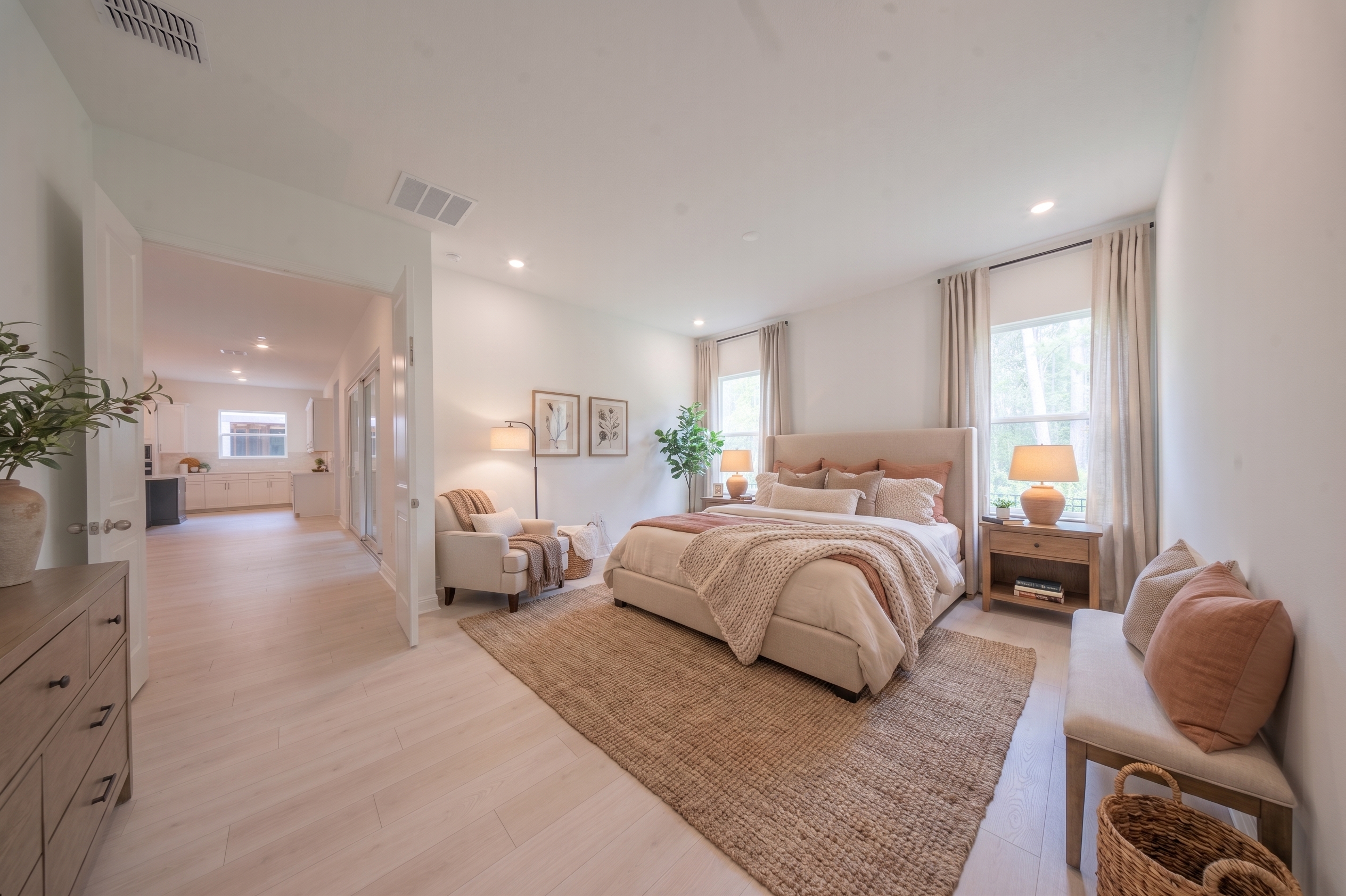 Virtually staged primary bedroom with upholstered king bed, bench, warm tones and forest views