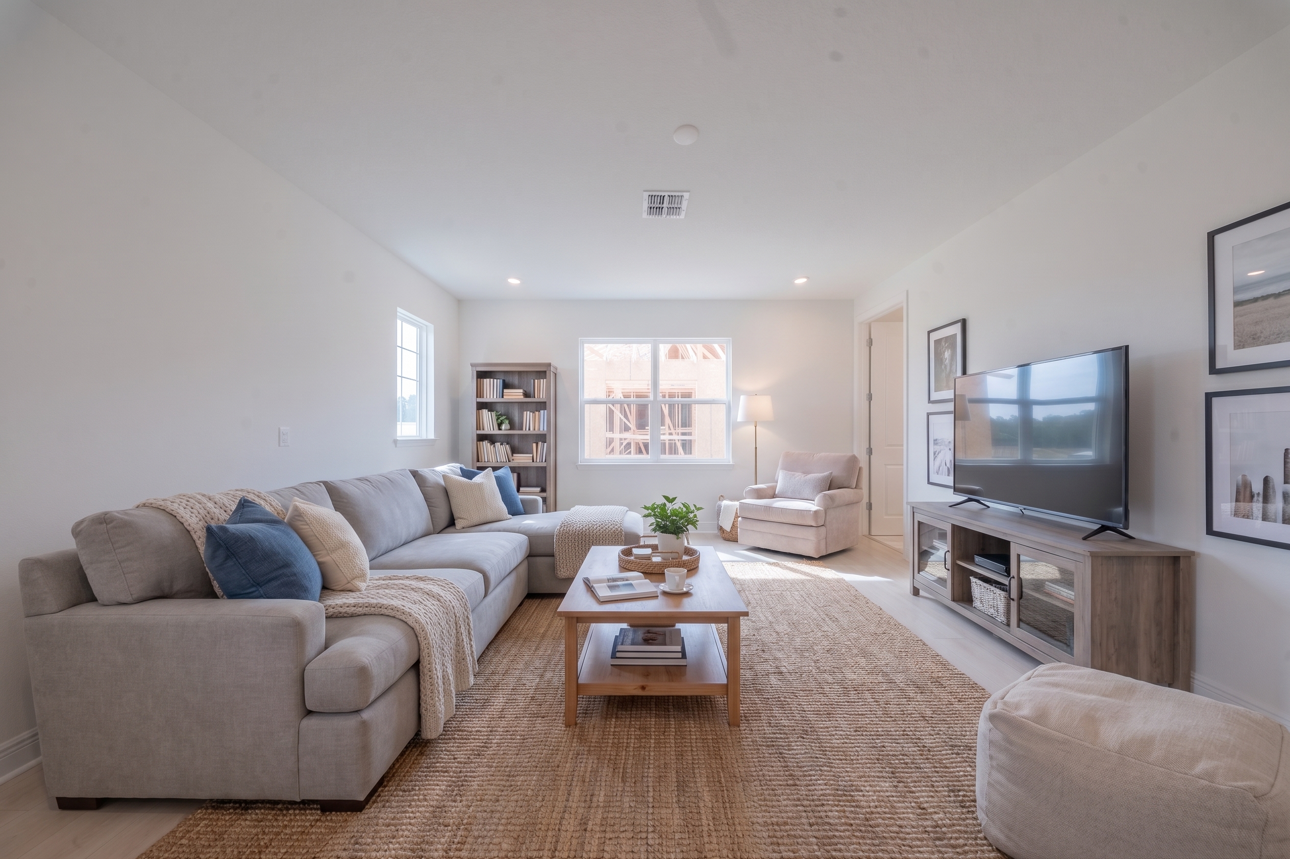 Virtually staged bonus room as second living area with sectional sofa, TV, bookcase and armchair