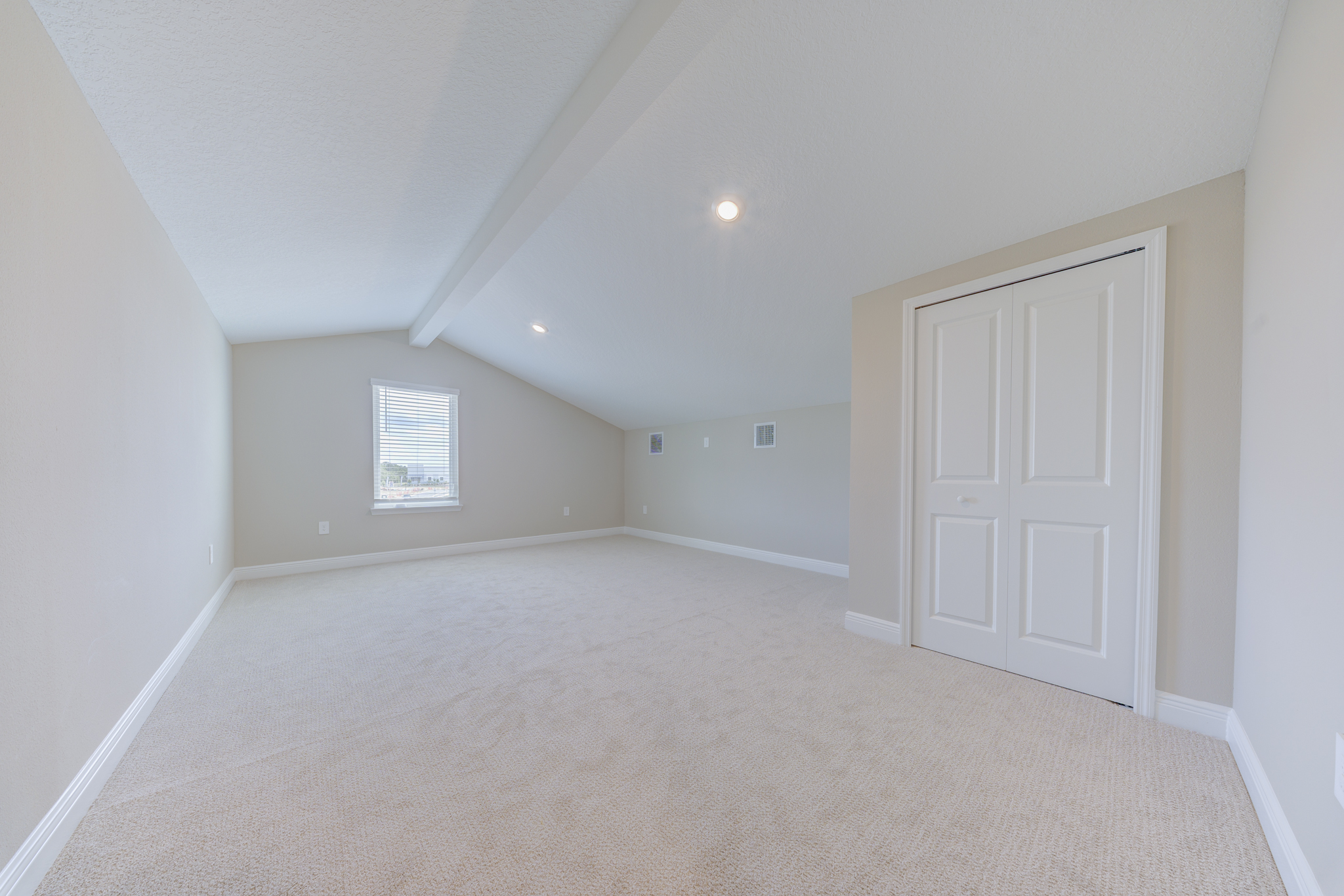 Spacious carpeted loft with vaulted ceiling, recessed lighting and double-door closet