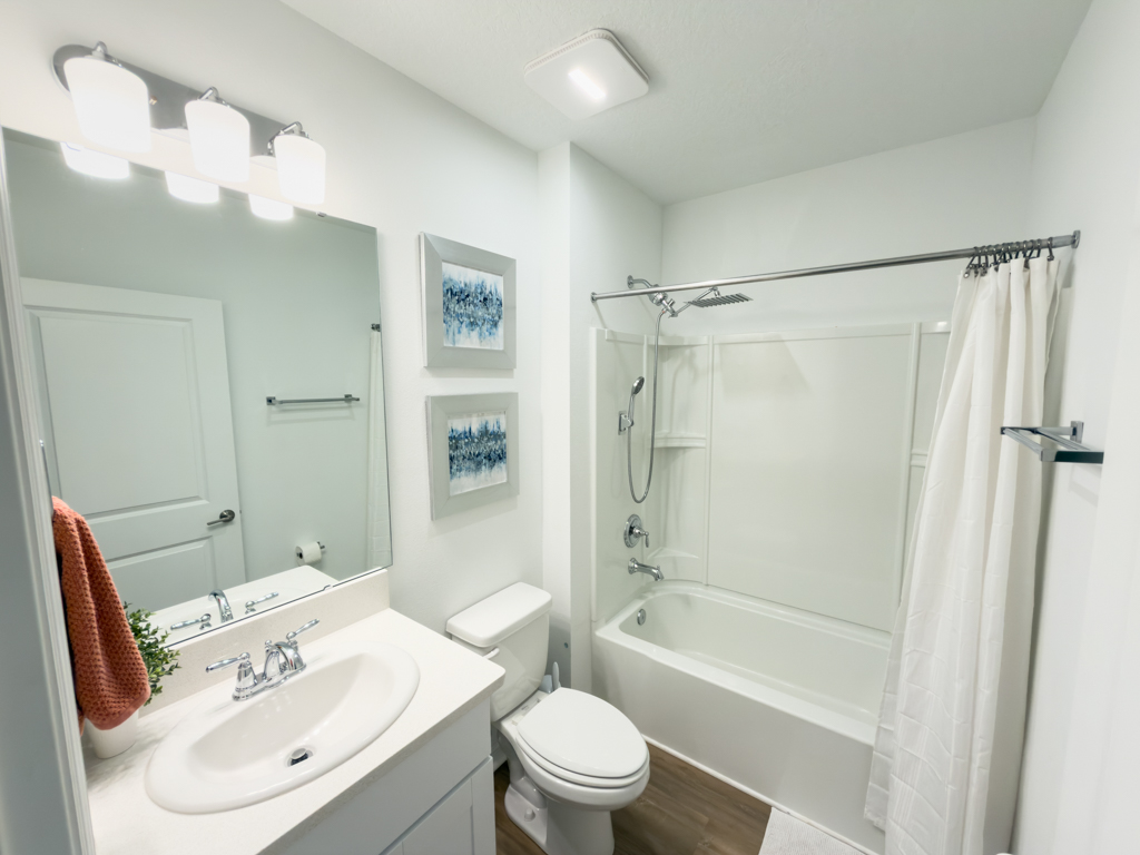 Hall bathroom with single vanity, large mirror and shower-tub combo