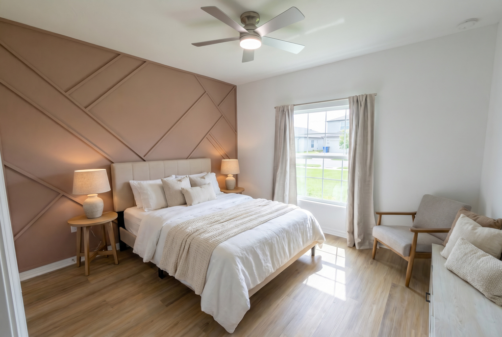 Virtually staged bedroom with pink geometric accent wall, queen bed and sitting area