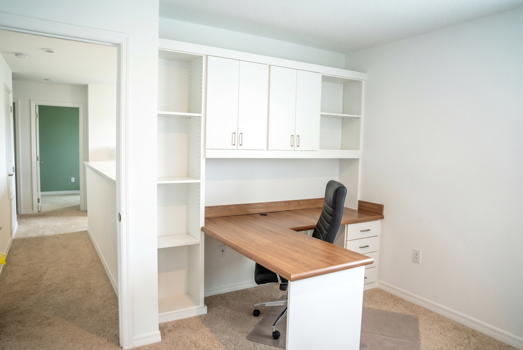 Virtually staged home office with built-in L-shaped desk and upper cabinets