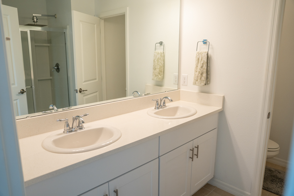 Primary bathroom with double vanity and walk-in shower