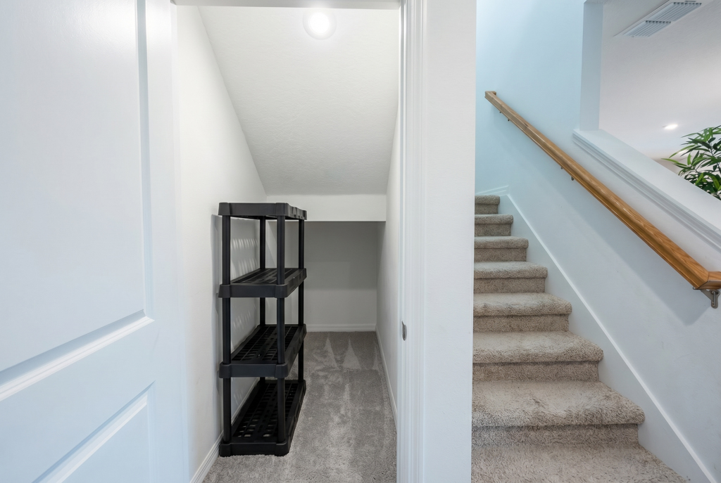 Virtually staged empty under-stair storage closet next to carpeted staircase